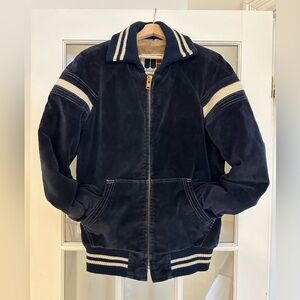 Vintage 70s William Barry Dark Blue Bomber Varsity Corduroy Jacket
